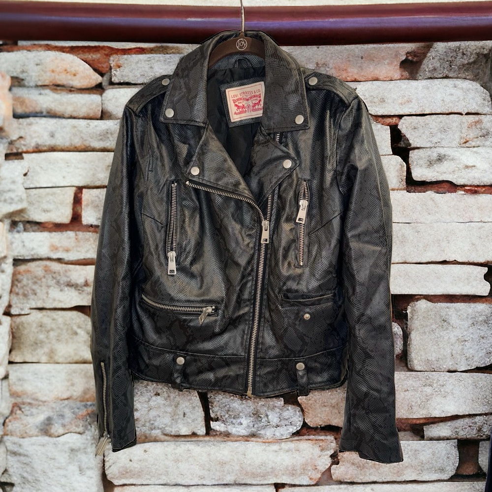 Levi’s Women’s Black Snake-Print Faux Leather Jacket Size Large